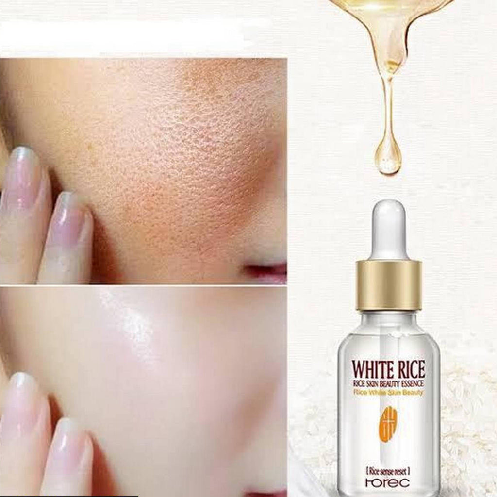 White rice skin beauty essence dropper bottle with before and after skin comparison on a white background.