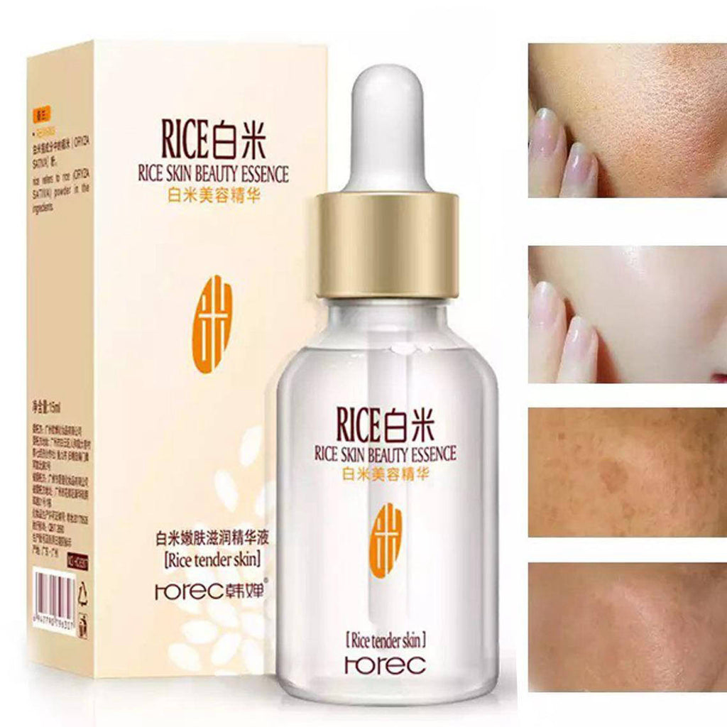 Rice skin beauty essence bottle and packaging with before and after skin comparison on a white background